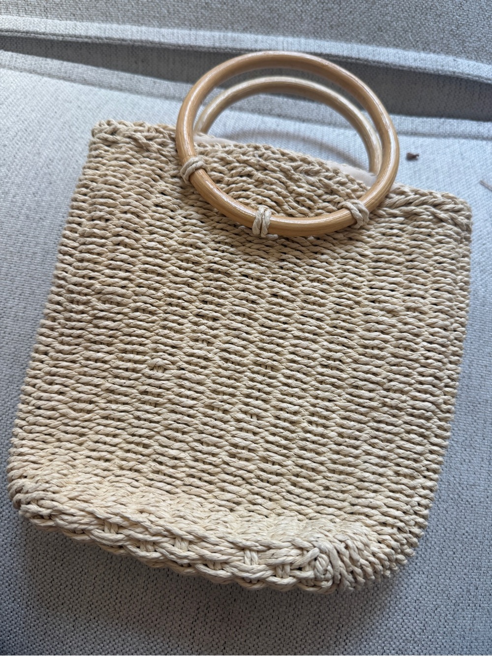 Beige Woven Straw Tote with Wooden Ring Handles